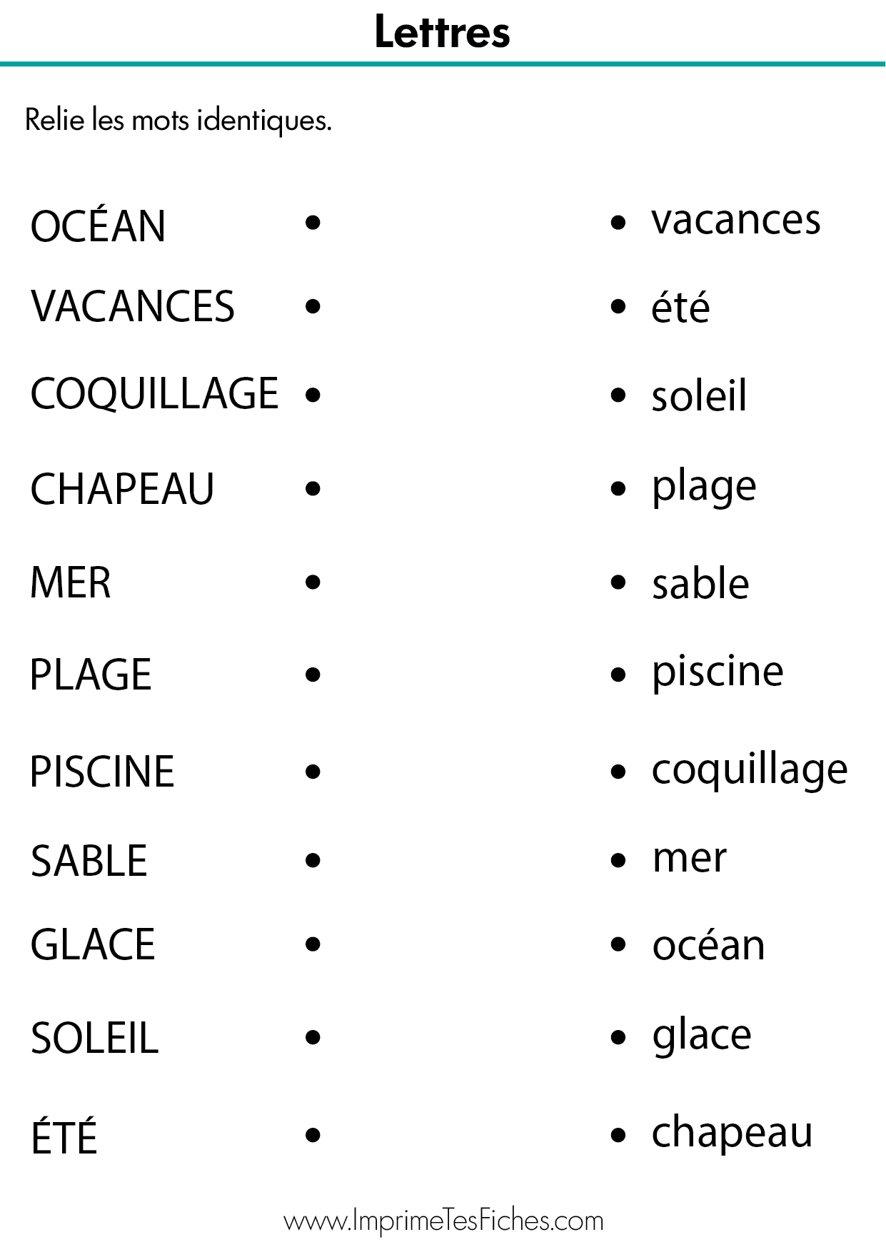 Fiche de lecture Moyenne Section : relier les mots valise, soleil, mer, plage et sable en majuscules à leur version en minuscules scriptes.