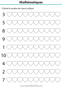 Fiche de numération Moyenne Section : plusieurs lignes de cœurs avec un chiffre au début. L'enfant doit colorier la quantité demandée.
