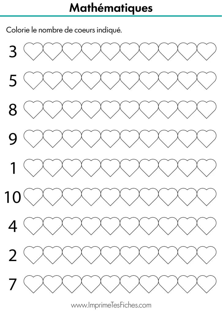 Fiche de numération Moyenne Section : plusieurs lignes de cœurs avec un chiffre au début. L'enfant doit colorier la quantité demandée.