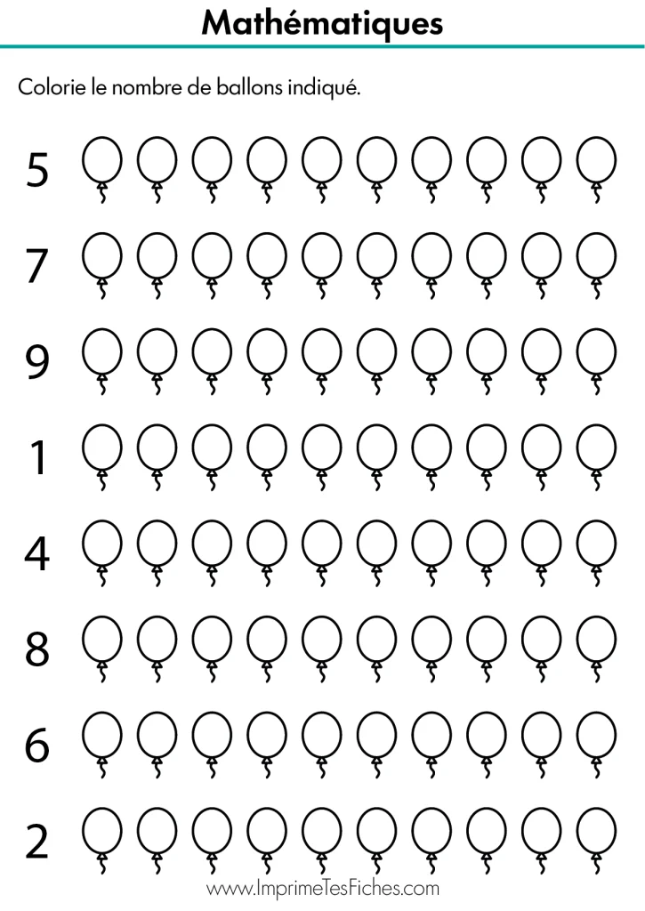 Fiche de mathématiques Moyenne Section : lignes de ballons de baudruche avec un chiffre au début. L'enfant doit colorier la bonne quantité.