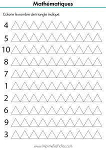 Fiche de mathématiques Moyenne Section : lignes de triangles avec un chiffre au début de chaque ligne pour travailler la quantité.