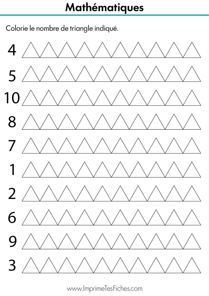 Fiche de mathématiques Moyenne Section : lignes de triangles avec un chiffre au début de chaque ligne pour travailler la quantité.