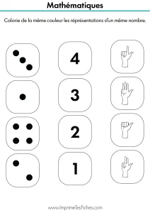 Fiche de mathématiques MS : plusieurs cases mélangées contenant des chiffres, des points de dominos et des mains. L'enfant colorie les groupes identiques de la même couleur.