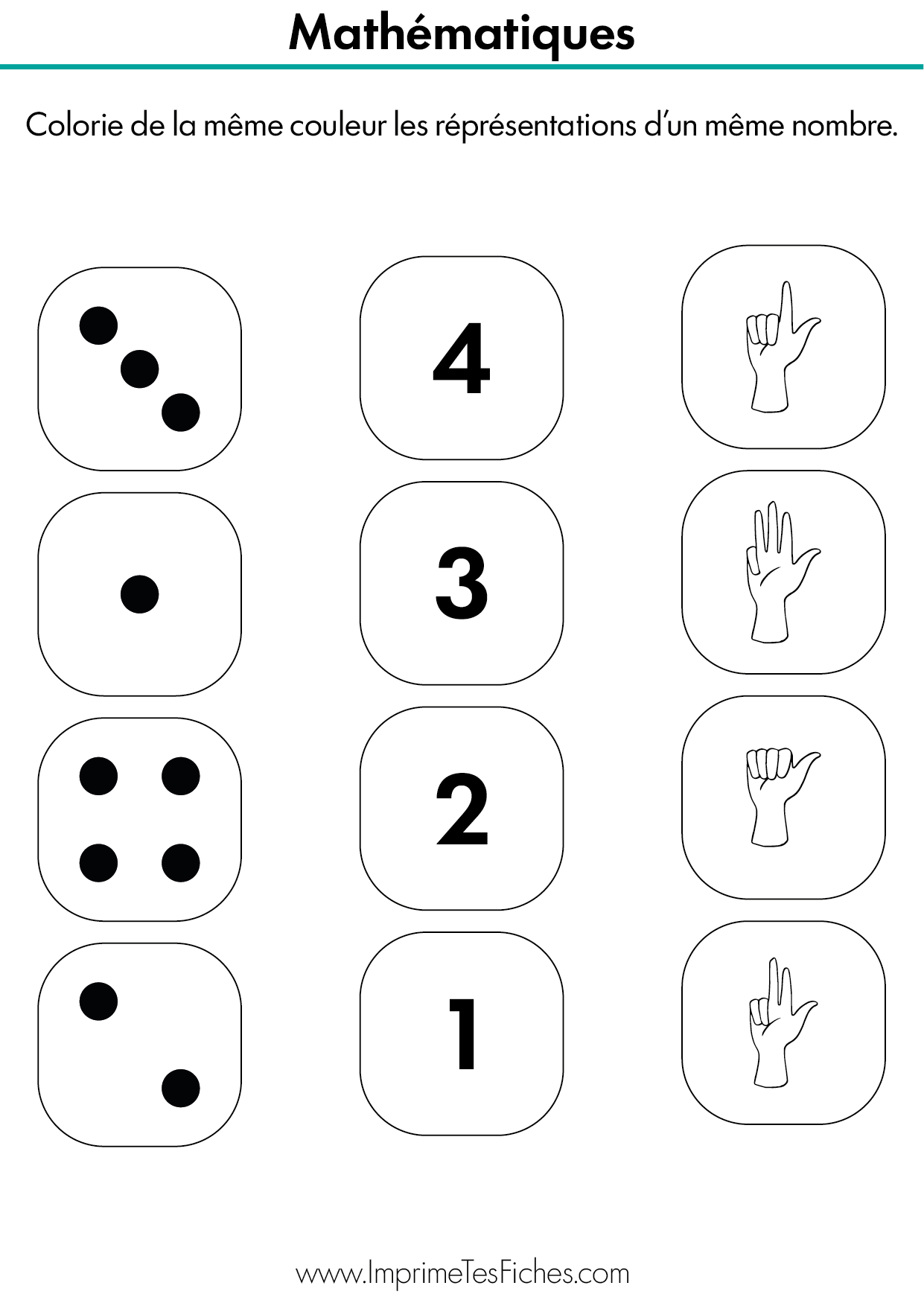 Fiche de mathématiques MS : plusieurs cases mélangées contenant des chiffres, des points de dominos et des mains. L'enfant colorie les groupes identiques de la même couleur.