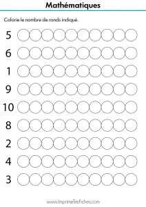 Fiche de mathématiques MS : lignes de cercles avec un chiffre de 1 à 6 au début. L'enfant doit colorier autant de cercles que le nombre indiqué.