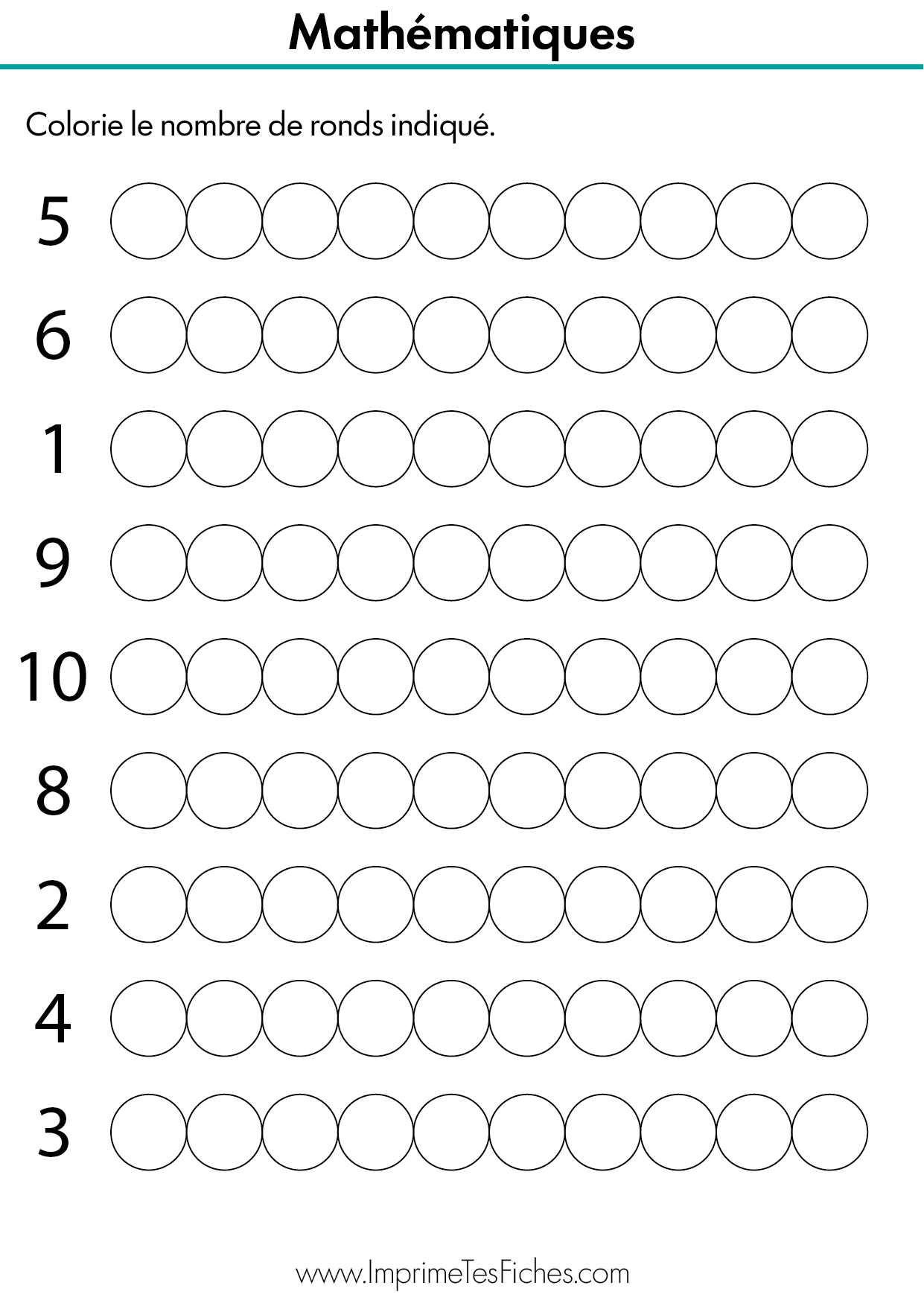 Fiche de mathématiques MS : lignes de cercles avec un chiffre de 1 à 6 au début. L'enfant doit colorier autant de cercles que le nombre indiqué.