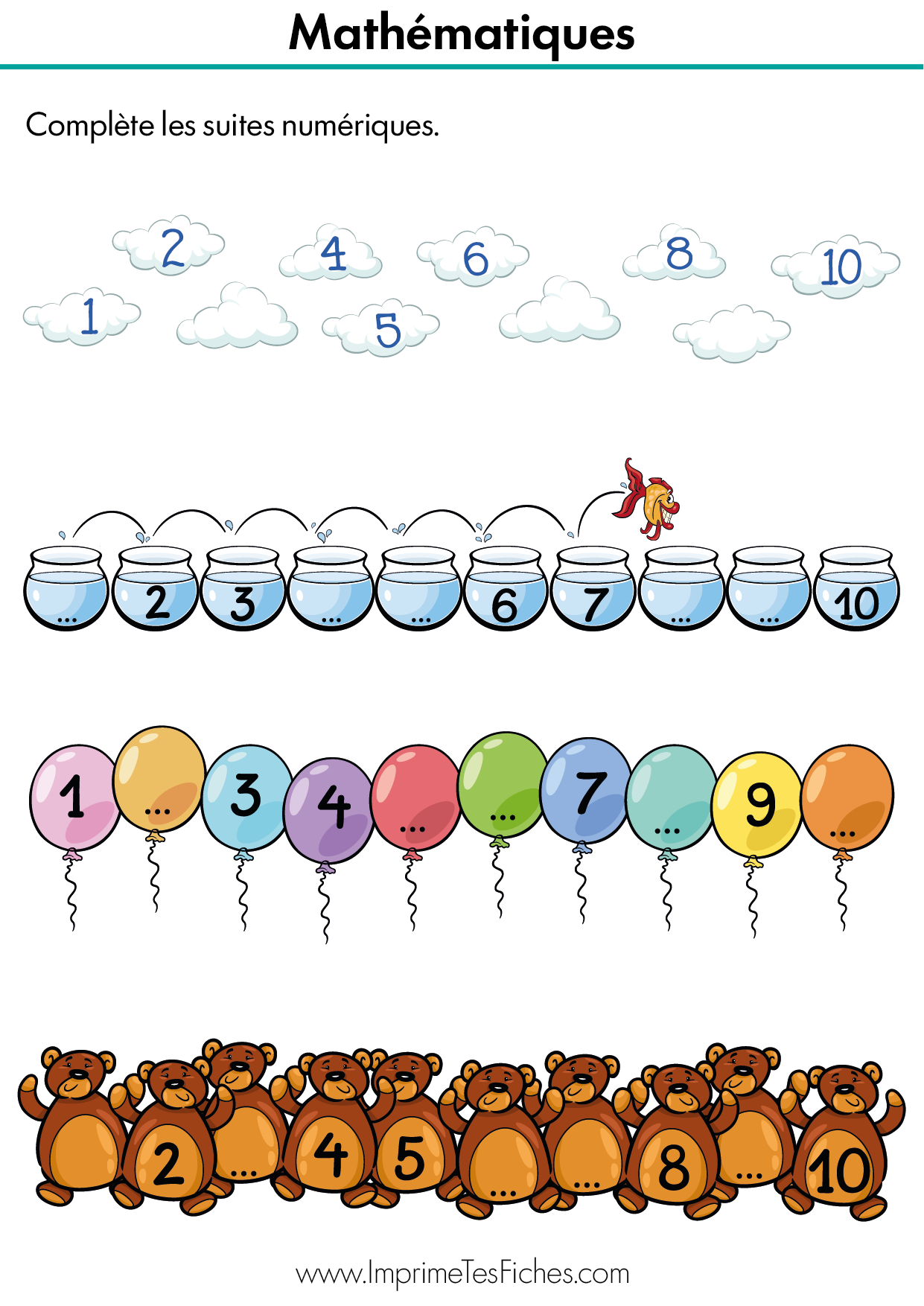 Fiche pédagogique de mathématiques : une série de cases numérotées de 1 à 10 avec des espaces vides à compléter par l'enfant.