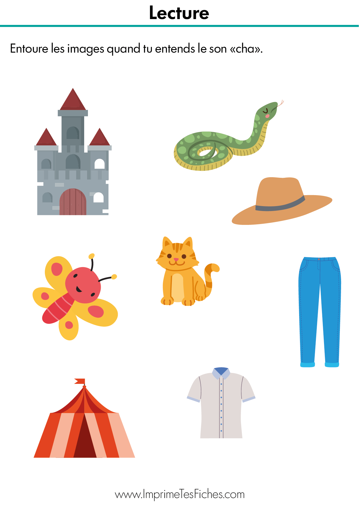 Fiche pédagogique MS : planche d'images où l'enfant doit entourer celles commençant par le son CHA (chapeau, chat, château).