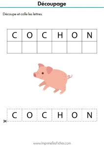 Fiche pédagogique de MS : un modèle du mot COCHON avec des cases vides en dessous et des lettres à découper.