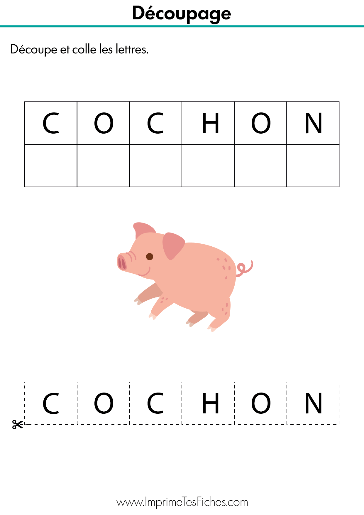 Fiche pédagogique de MS : un modèle du mot COCHON avec des cases vides en dessous et des lettres à découper.