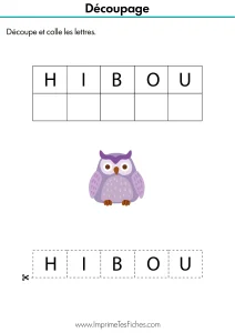 Fiche de lecture MS : découper les lettres H, I, B, O, U et les coller dans l'ordre sous le modèle du hibou.