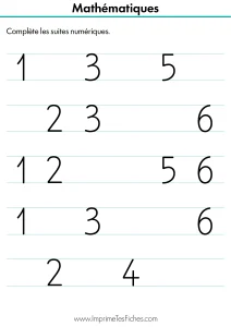 Fiche de maths MS : une chenille ou un train avec des wagons numérotés. Certaines cases sont vides et doivent être complétées par l'enfant.