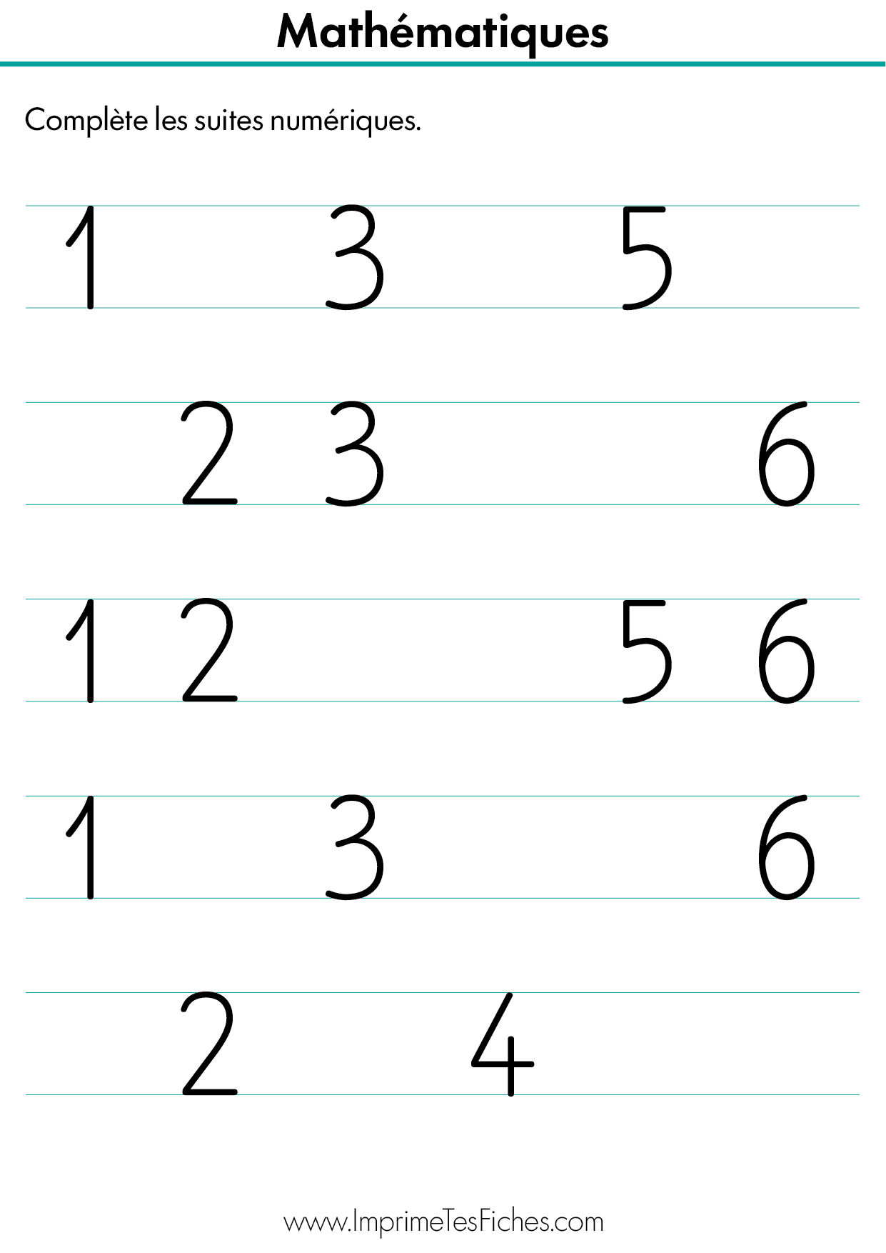 Fiche de maths MS : une chenille ou un train avec des wagons numérotés. Certaines cases sont vides et doivent être complétées par l'enfant.