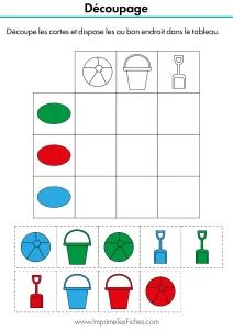 Fiche d'exercice de Moyenne Section avec un tableau à remplir et des étiquettes à découper (formes et couleurs).