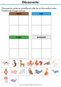 Fiche de tri MS : tableau avec 4 décors (mer, forêt, banquise, ferme) et vignettes d'animaux à découper et coller.