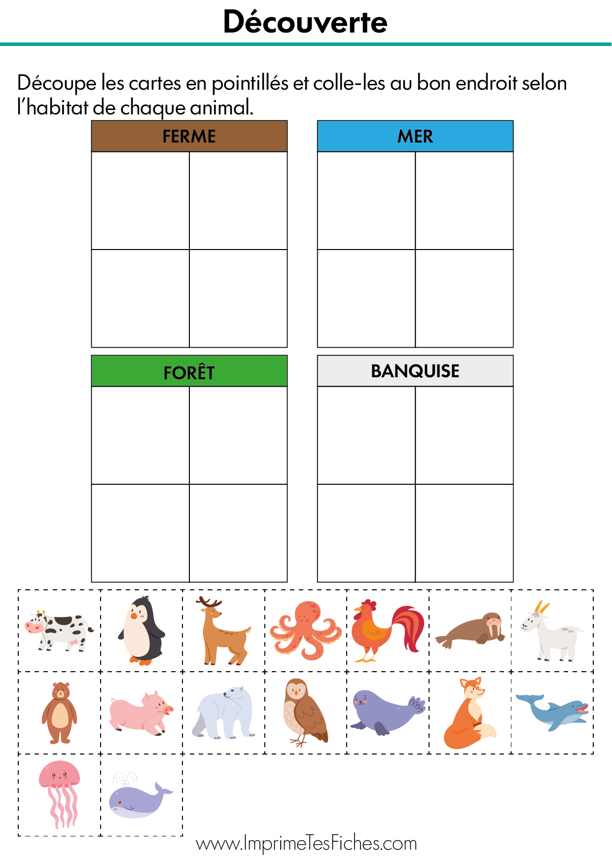 Fiche de tri MS : tableau avec 4 décors (mer, forêt, banquise, ferme) et vignettes d'animaux à découper et coller.