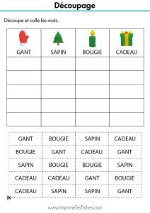 Fiche d'exercice MS : tableau de correspondance entre images et étiquettes mots à découper et coller.