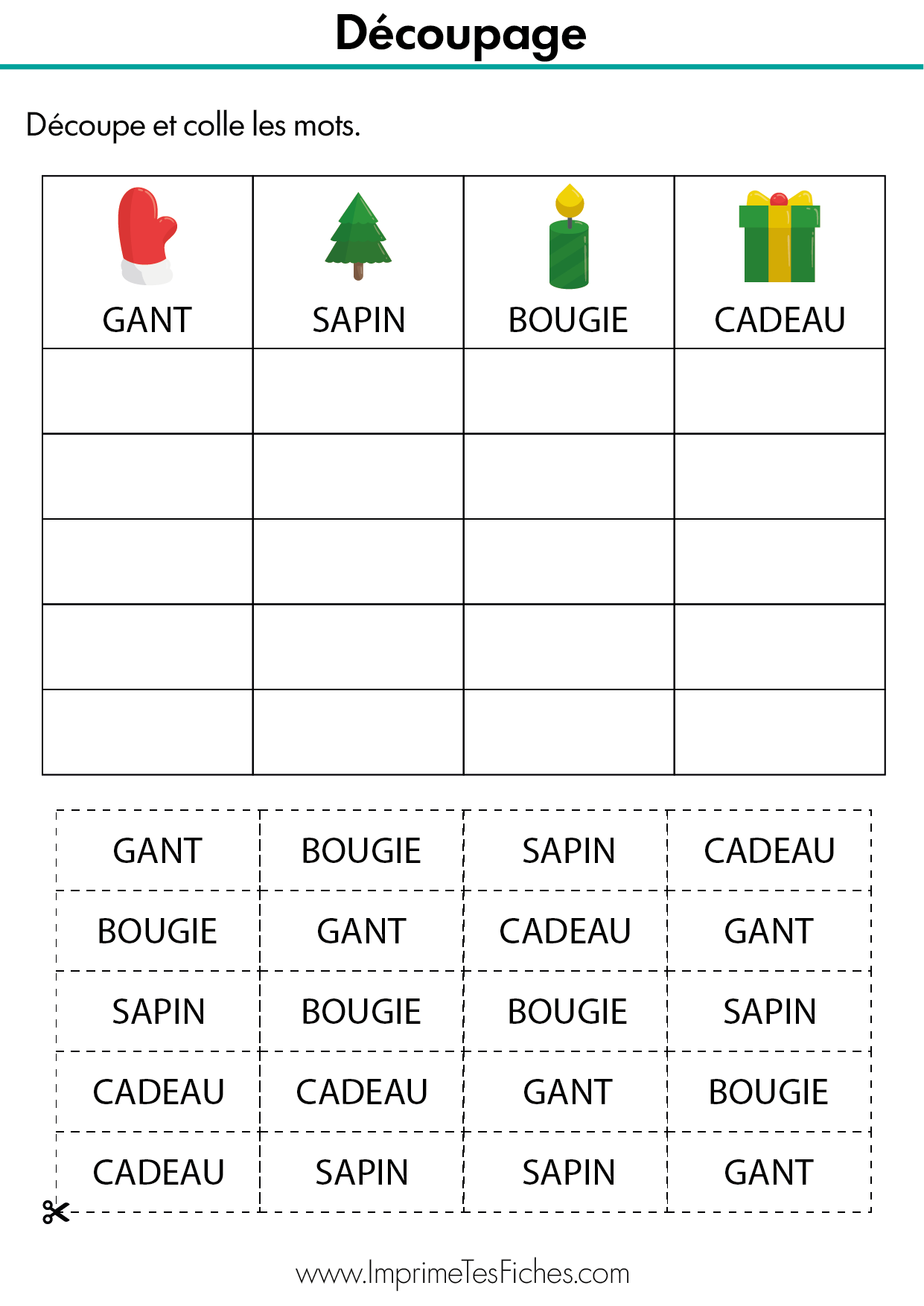 Fiche d'exercice MS : tableau de correspondance entre images et étiquettes mots à découper et coller.