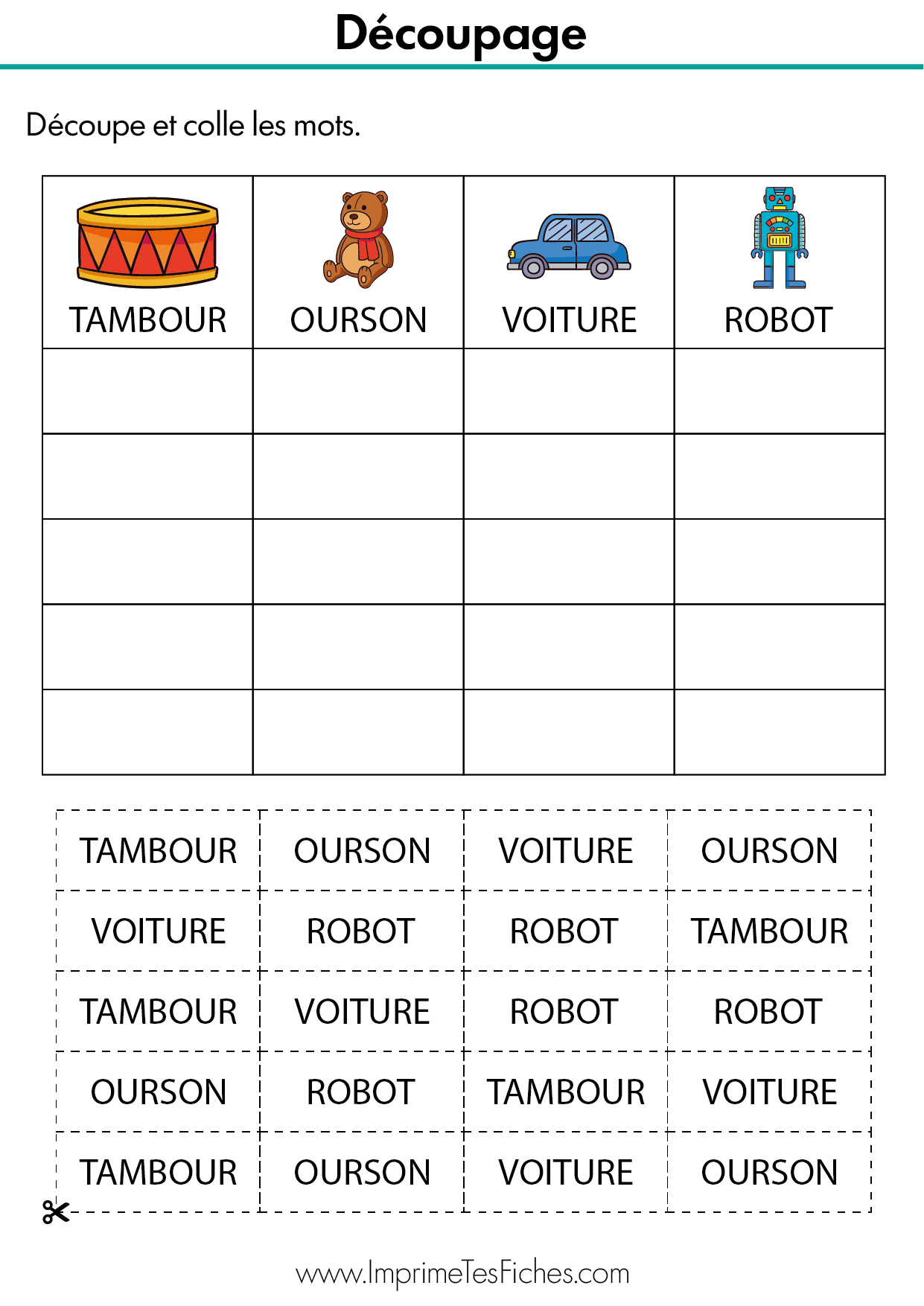 Fiche de lecture MS : tableau avec images et étiquettes mots à découper et coller au bon endroit.