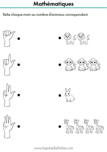 Fiche d'exercice de mathématiques montrant des mains qui comptent et des groupes d'animaux à relier entre eux.