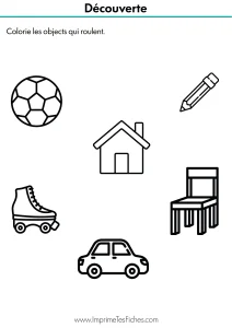 Fiche d'activité de tri où l'enfant doit colorier les moyens de transport et objets avec des roues.