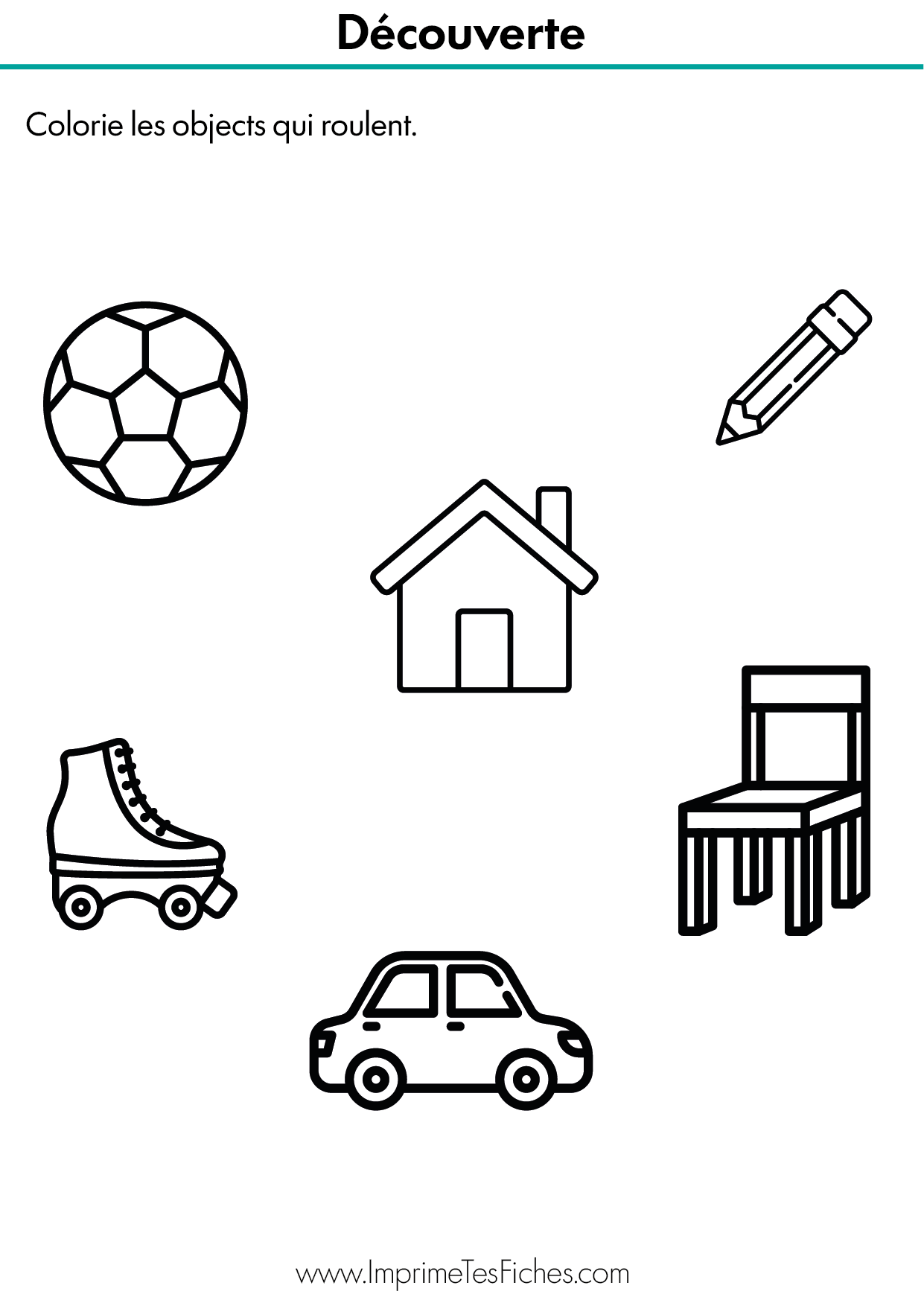 Fiche d'activité de tri où l'enfant doit colorier les moyens de transport et objets avec des roues.