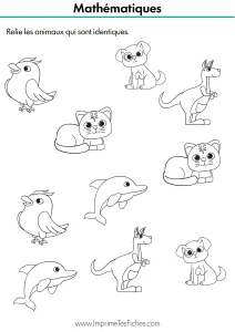 Fiche d'exercice de discrimination visuelle montrant deux colonnes d'animaux à relier deux par deux.