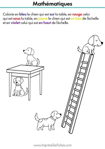 Fiche d'exercice montrant des chiens à différentes positions : sur et sous une table, en haut et en bas d'une échelle.