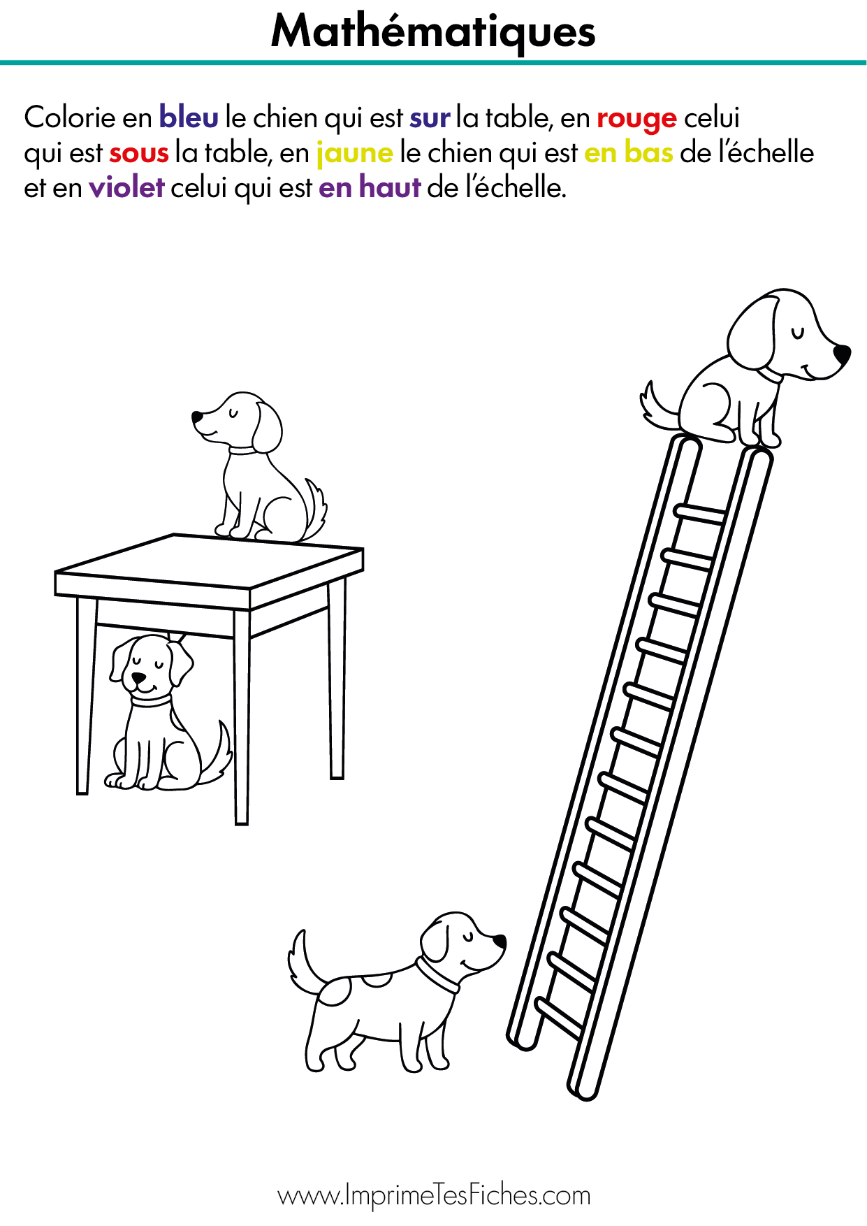 Fiche d'exercice montrant des chiens à différentes positions : sur et sous une table, en haut et en bas d'une échelle.