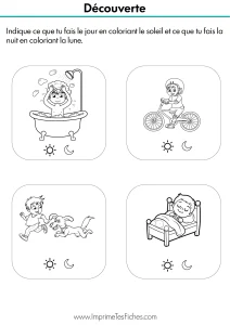 Fiche exercice maternelle où l'enfant colorie un soleil ou une lune selon l'activité.